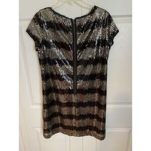 Ali Ro Sequin Striped Shift Dress Black Gold Short Cap Sleeve Round Neck Size 6